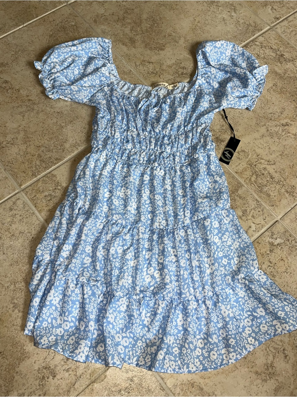 liberty Blue and White Floral Smocked Puff-Sleeve Mini Dress